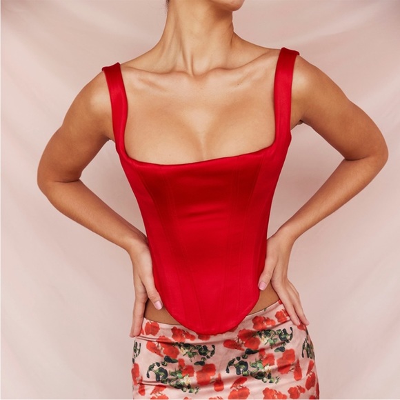 House of CB Tops - HOUSE OF CB ‘Rafa’ Scarlet Satin Longline Corset NWOT